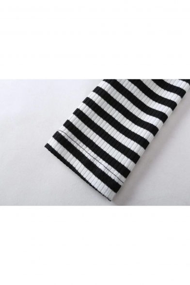 Popular Striped Patter Monochrome Zipper Detail High Neck Long Sleeve Cropped Tee