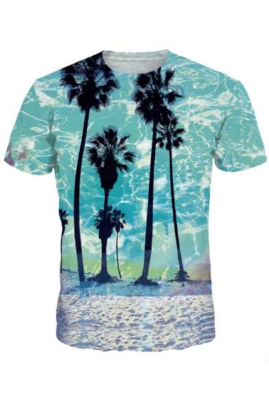 Retro Tree Landscape Palm Pattern Round Neck Short Sleeves Casual Tee