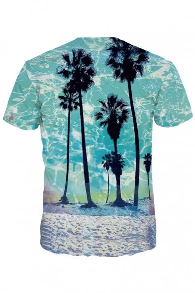 Retro Tree Landscape Palm Pattern Round Neck Short Sleeves Casual Tee