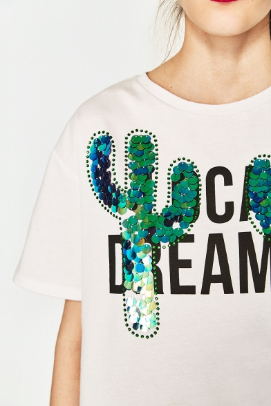 Sequined Cactus Letter Printed Round Neck Short Sleeve Summer Tee