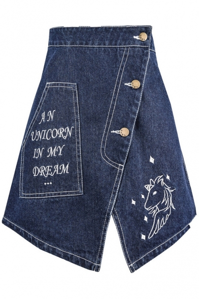Top Design Letter Unicorn Embroidered Button Detail Notched Front Mini Denim Skirt