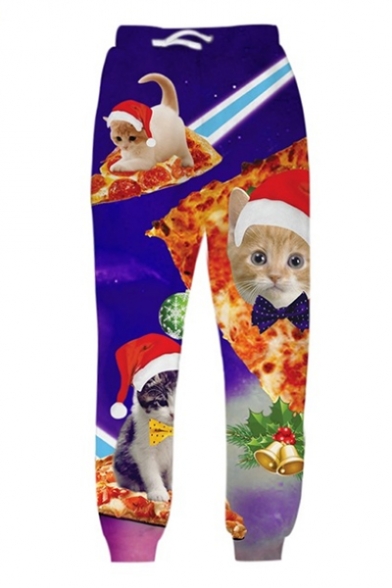 Trendy Cat with Christmas Hat on Pizza Print Casual Sports Pants