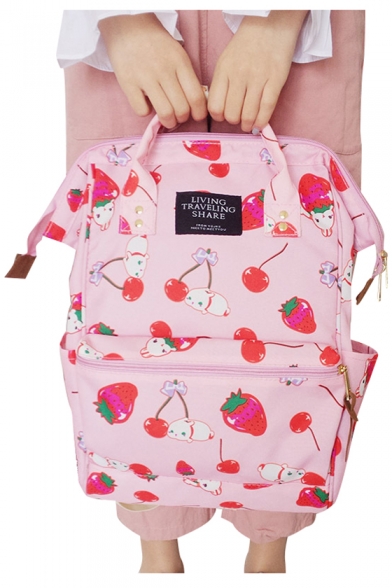 Cute Cartoon Strawberry Letter Printed Zippered Backpack Casual School Bag