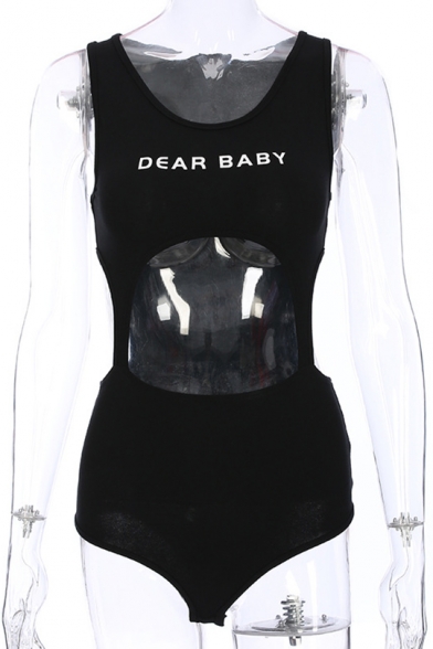 DEAR BABY Letter Printed Round Neck Sleeveless Hollow Out Bodysuit