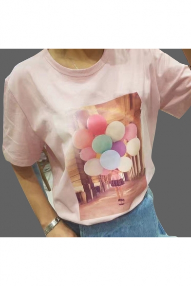 Fashion Balloon Character Landscape Print Round Neck Short Sleeves Summer T-shirt