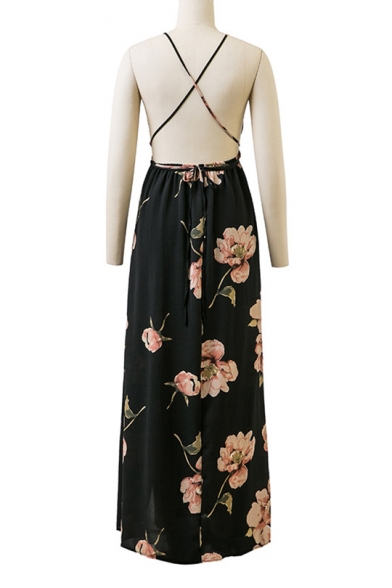 Fashionable Floral Print Belted Split Front Cross Back Maxi Beach Dress