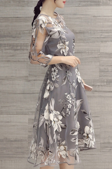 Floral Printed Round Neck 3/4 Length Sleeve Midi A-Line Organza Dress