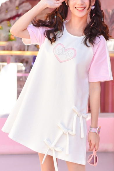 Girly Sweetheart Letter Print Color Block Bow Detail Round Neck Mini T-shirt Dress