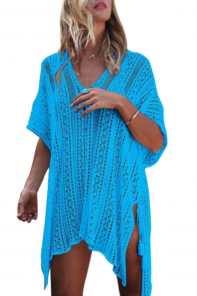 Holiday Hollow Out V Neck Half Sleeve Split Side Tunic Cover Up