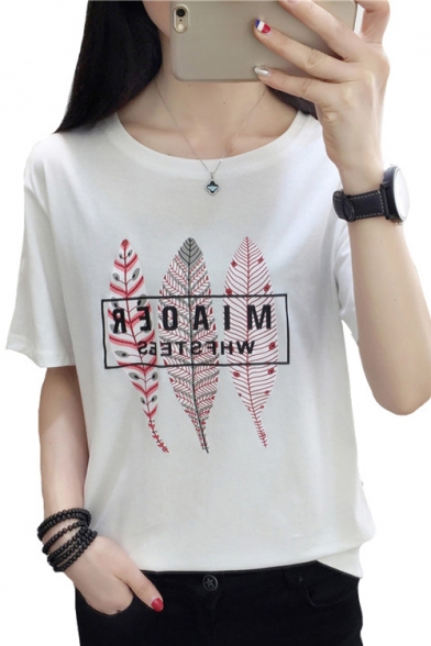 Letter Feather Printed Round Neck Short Sleeve Tee