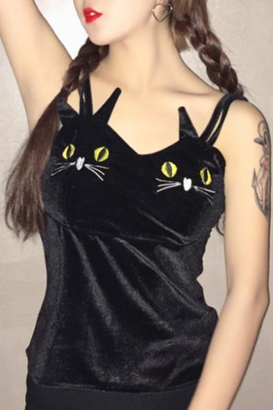 Lovely Cat Embroidered Spaghetti Straps Sleeveless Chic Cami