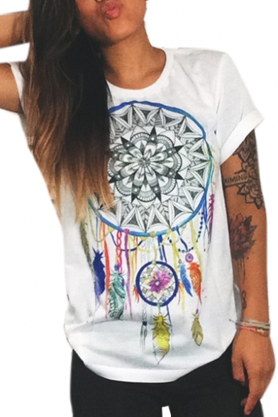 New Arrival Dreamcather Feather Printed Round Neck Short Sleeve Leisure Tee