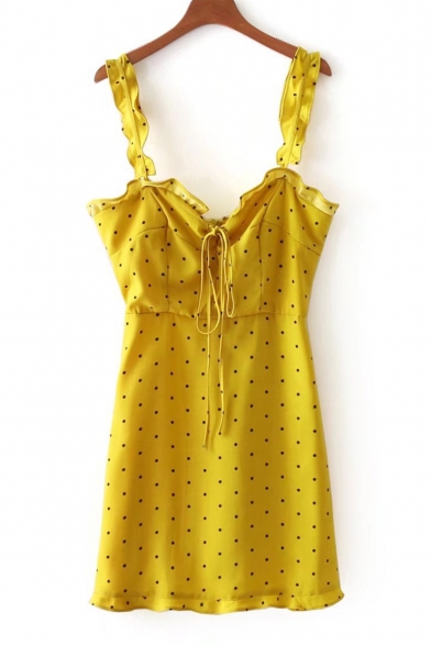 Polka Dot Printed Spaghetti Straps Sleeveless Tied Front Mini Cami Dress