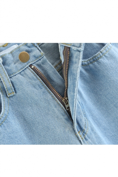Retro Simple Plain Asymmetric Hem Loose Zipper Fly Jeans