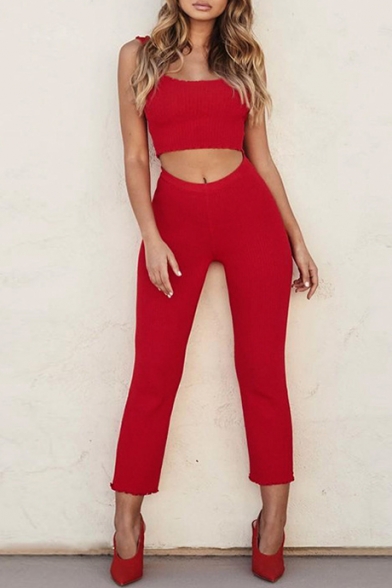 Ribbed Plain Cropped Round Neck Sleeveless Tank with Leisure Pants Co-ords