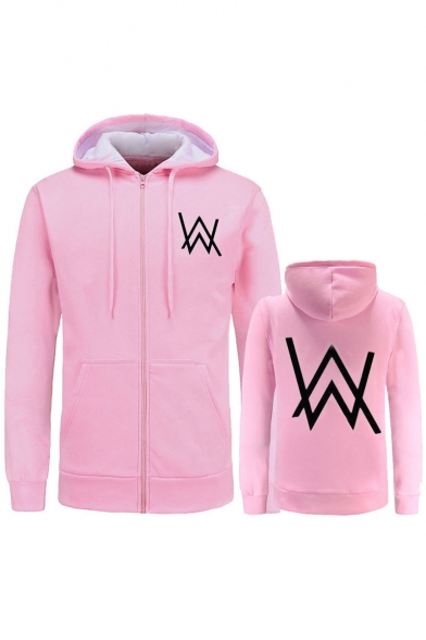 Simple W Letter Print Zip Up Long Sleeves Hoodie with Pockets