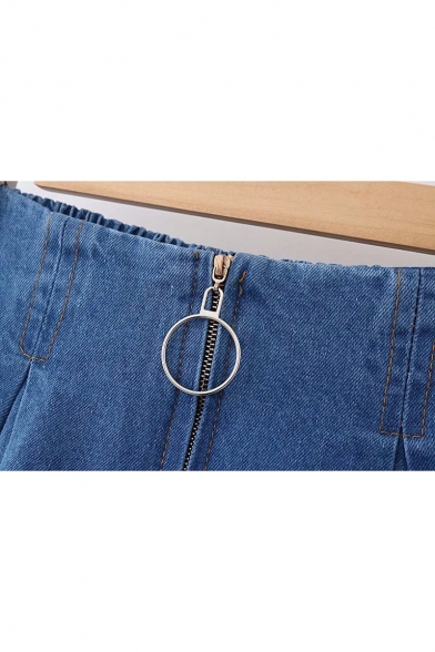 Zipper Front Elastic Waist Plain Loose Denim Shorts