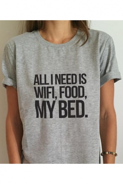 ALL I NEED IS WIFI Letter Printed Round Neck Short Sleeve Tee