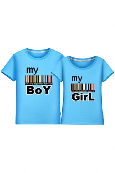 Bar Code Letter Printed Round Neck Short Sleeve Tee for Couple