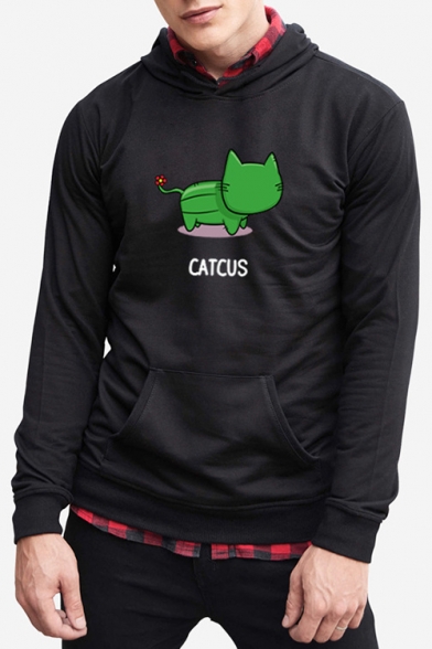 

Cactus Shaped Cat Letter Printed Long Sleeve Unisex Hoodie, Black;pink;white;gray