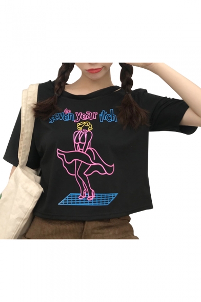 Cartoon Woman Letter Printed Round Neck Hollow Out Short Sleeve Crop Tee