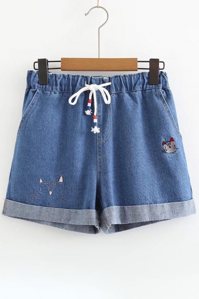 

Cat Embroidered Drawstring Waist Loose Denim Shorts, Dark blue;light blue