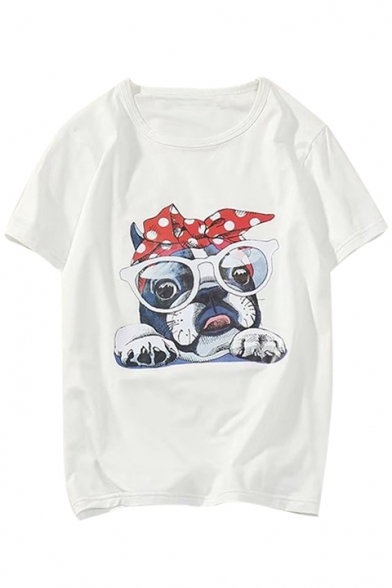 Chic Dog with Eyeglasses Print Round Neck Short Sleeves Popular T-shirt