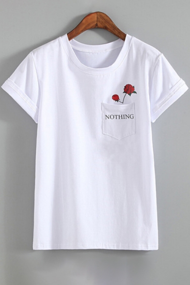 Chic NOTHING Letter Floral Print Pocket Detail Round Neck Short Sleeves Tee