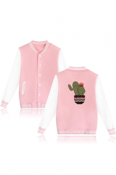 Color Block Cactus Printed Single Breasted Long Sleeve Baseball Jacket
