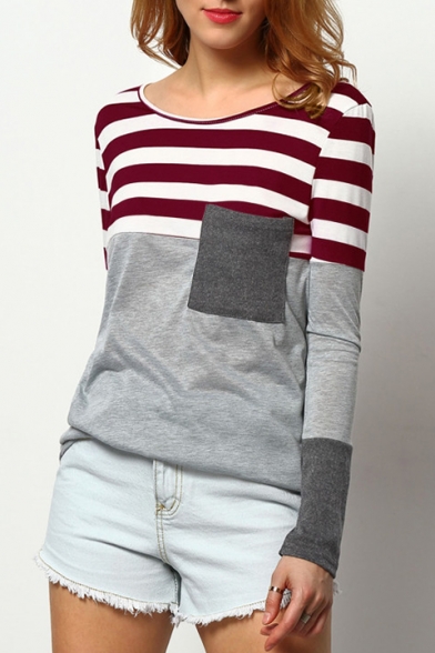 Color Block Striped Printed Round Neck Long Sleeve Tee with Pocket