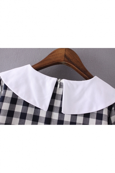 Contrast Lapel Collar Plaid Printed Short Sleeve Mini Shift Dress with Pockets