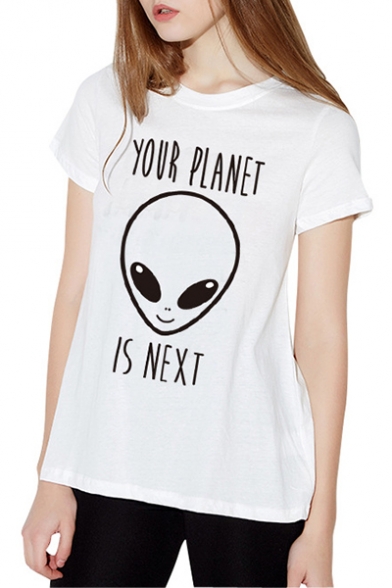 Cool Style Alien Letter YOUR PLANET IS NEXT Print Round Neck Short Sleeves Summer T-shirt