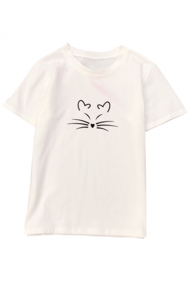 Cute Cat Embroidered Round Neck Short Sleeve Leisure Comfort Tee