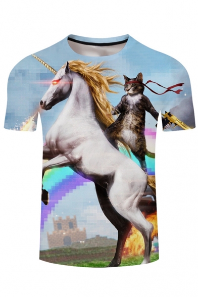 Digital Cat Unicorn Print Round Neck Short Sleeves Summer T-shirt