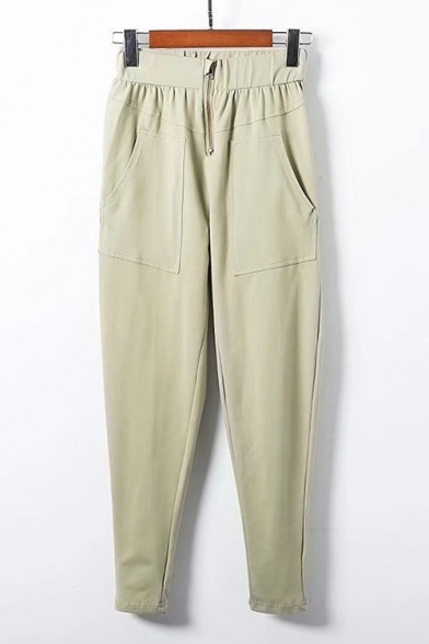 Elastic Waist Zipper Front Plain Tapered Pants with Pockets
