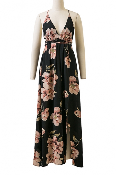 Fashionable Floral Print Belted Split Front Cross Back Maxi Beach Dress
