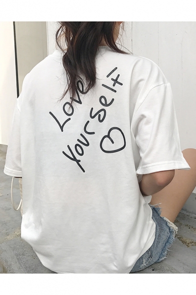 Leisure Loose Letter Heart Printed Back Round Neck Short Sleeve Tee