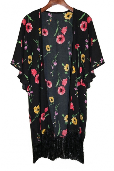 New Trendy Floral Printed Collarless Short Sleeve Kimono with Tassel