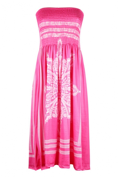 Peasant Style Tribal Print Strapless Mini Bandeau A-line Summer Dress