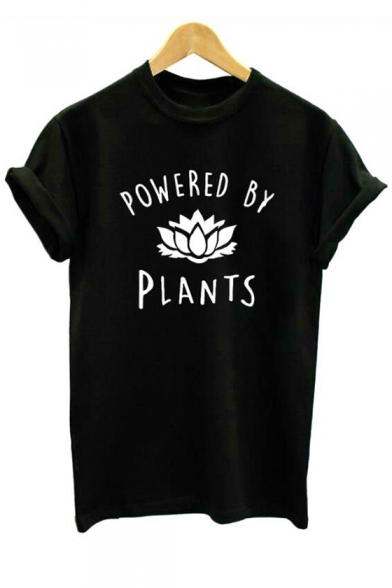 POWERED BY PLANTS Letter Floral Printed Round Neck Short Sleeve Unisex Tee