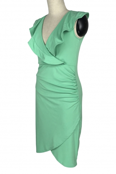 Ruffle Detail V Neck Sleeveless Plain Mini Asymmetric Hem Bodycon Dress