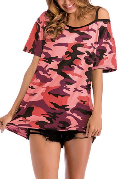 Sexy Cold Shoulder Camouflage Printed Short Sleeve Tunic Leisure Tee