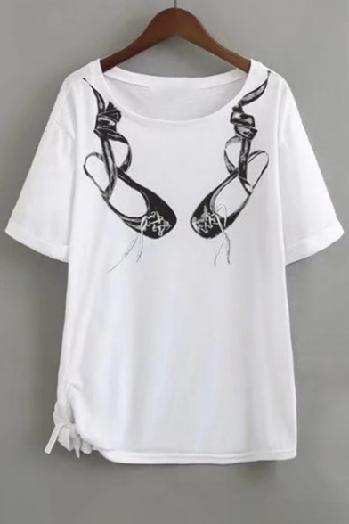 Shoes Printed Round Neck Short Sleeve Tied Side Detail Leisure Tee