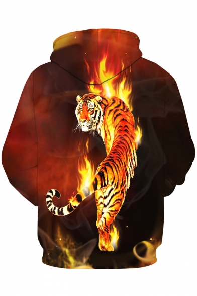 Tiger in Fire Flame Print Long Sleeves Pullover Hoodie with Pocket