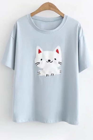 Adorable Cat Cartoon Embroidery Round Neck Short Sleeves Summer T-shirt