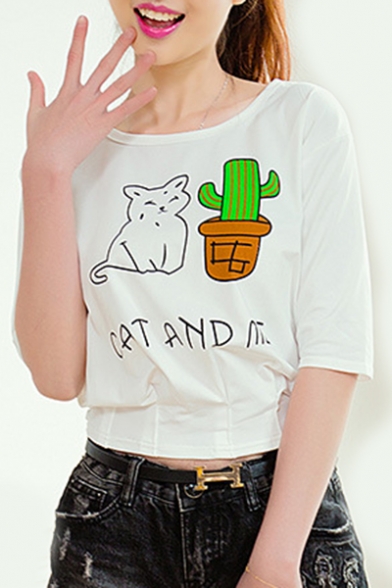 Cactus Cat Letter Printed Round Neck Short Sleeve Crop Tee