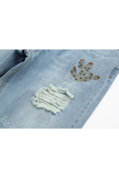 Cactus Embroidered Zipper Fly Ripped Mid Waist Jeans