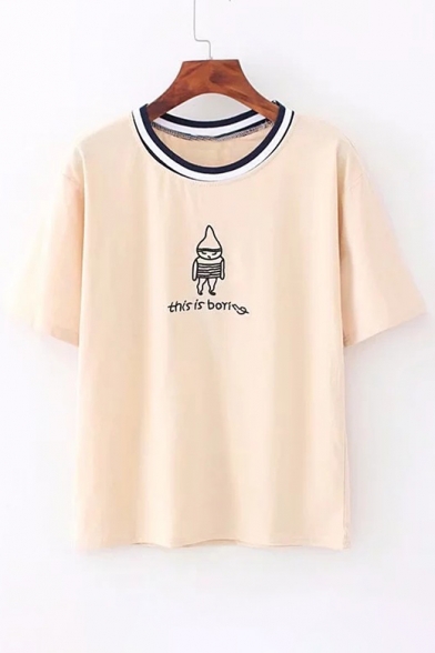 Cartoon Letter THIS IS BORING Embroidered Round Neck Short Sleeves Summer T-shirt