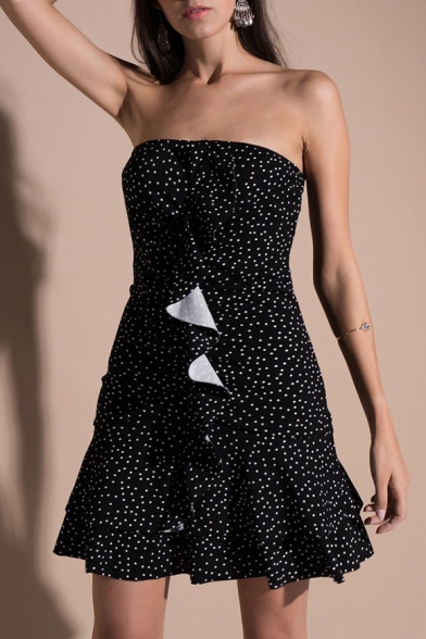 Chic Polka Dot Print Strapless Ruffle Hem Mini Bandeau A-line Dress