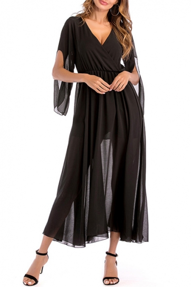 Chiffon V Neck 3/4 Length Split Sleeve Maxi Plain A-Line Dress